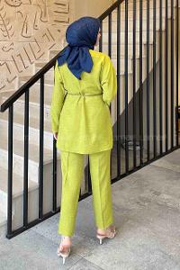 Oil Green Shirt Collar Long Arm Belted Linen Regular Trousers Linen Suit