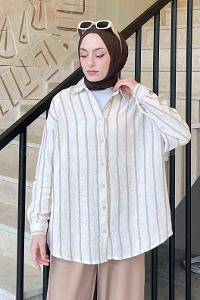 Lamelif Kalın Çizgi Detaylı Gömlek Kahve