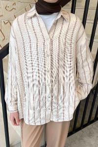 Lamelif Kalın Çizgi Detaylı Gömlek Kahve