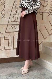 Lamelif Kalın Kemer Detaylı Kloş Etek Kahverengi