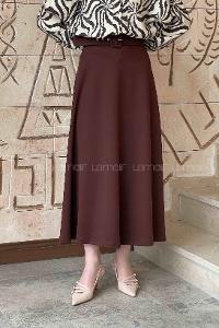 Lamelif Kalın Kemer Detaylı Kloş Etek Kahverengi