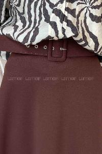 Lamelif Kalın Kemer Detaylı Kloş Etek Kahverengi