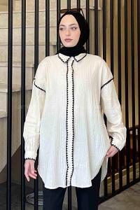 Lamelif Kontrast Nakışlı Gömlek Ekru