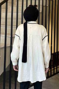 Lamelif Kontrast Nakışlı Gömlek Ekru