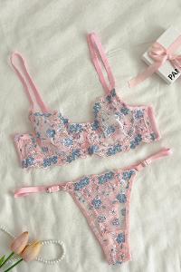 Lamelif Layd Çiçekli Bra Tül Takım Pudra