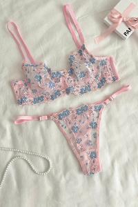 Lamelif Layd Çiçekli Bra Tül Takım Pudra