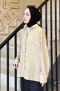 Beige Shirt Collar Long Arm Linen Unprinted Shirt