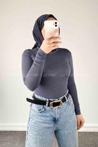 Lamelif Yarım Balıkçı Yaka Düz Renk Body Füme