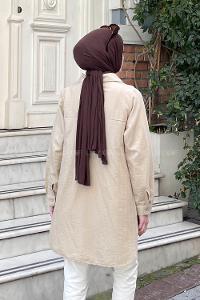 Lamelif Çizgi Geçişli Gömlek Bej