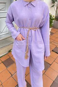 Lilac Shirt Collar Long Arm Belted Linen Regular Trousers Linen Suit