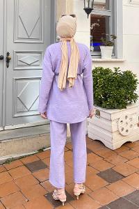 Lilac Shirt Collar Long Arm Belted Linen Regular Trousers Linen Suit