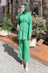 Green Shirt Collar Long Arm Belted Linen Regular Trousers Linen Suit
