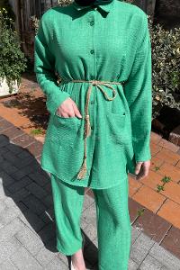Green Shirt Collar Long Arm Belted Linen Regular Trousers Linen Suit