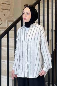 Lamelif Kalın Çizgi Detaylı Gömlek Siyah Beyaz