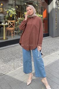 Lamelif Tek Cep Detaylı Çizgi Geçişli Gömlek Kahverengi