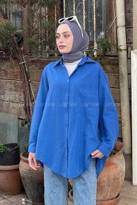 Lamelif Tek Cep Detaylı Çizgi Geçişli Gömlek Mavi