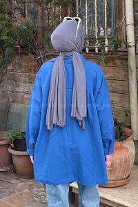 Lamelif Tek Cep Detaylı Çizgi Geçişli Gömlek Mavi