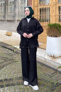 Black Shirt Collar Long Arm Buttoned Viscose Fabric Regular Trousers Comfortable Suit