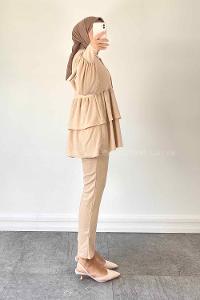 Beige Shirt Collar Long Arm Poplin Fabric Narrow Leg Comfortable Suit