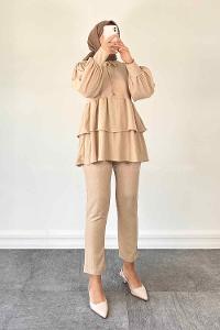 Beige Shirt Collar Long Arm Poplin Fabric Narrow Leg Comfortable Suit