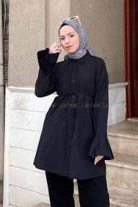 Lamelif Kol Piliseli Gömlek Siyah