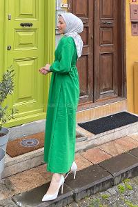 Lamelif Önü Büzgülü Düğme Detay Elbise Yeşil