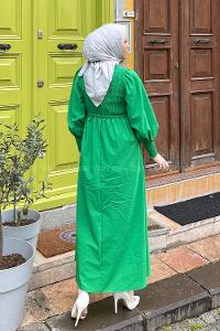Lamelif Önü Büzgülü Düğme Detay Elbise Yeşil
