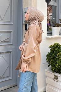 Brown With Milk Scarf Neck Long Arm Viscose Fabric Jacket