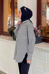 Lamelif Tek Cep Detaylı Çizgili Gömlek Lacivert