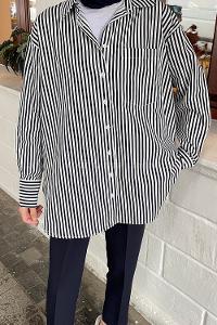 Lamelif Tek Cep Detaylı Çizgili Gömlek Lacivert