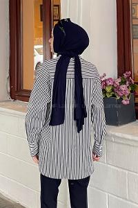 Lamelif Tek Cep Detaylı Çizgili Gömlek Lacivert