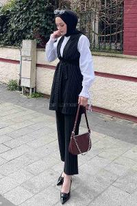 Black Scarf Neck Sleeveless Arm Belted Viscose Fabric Trousers Comfortable Suit