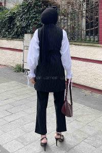 Black Scarf Neck Sleeveless Arm Belted Viscose Fabric Trousers Comfortable Suit