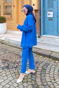 Blue Shirt Collar Long Arm Linen Regular Trousers Linen Suit