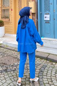 Blue Shirt Collar Long Arm Linen Regular Trousers Linen Suit