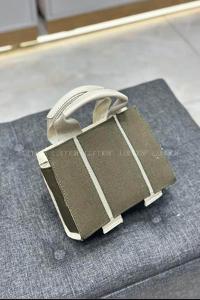 Lamelif Şerit Detaylı Keten El Ve Omuz Çantası Haki