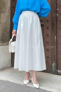 Lamelif Cep Detaylı Kloş Keten Etek Beyaz