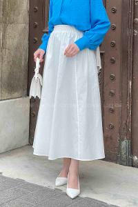 Lamelif Cep Detaylı Kloş Keten Etek Beyaz