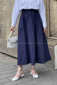 Lamelif Cep Detaylı Kloş Keten Etek Lacivert