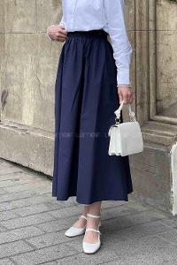 Lamelif Cep Detaylı Kloş Keten Etek Lacivert