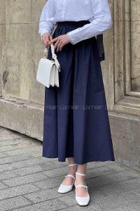 Lamelif Cep Detaylı Kloş Keten Etek Lacivert