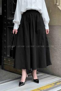 Lamelif Cep Detaylı Kloş Keten Etek Siyah