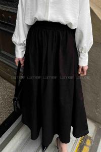 Lamelif Cep Detaylı Kloş Keten Etek Siyah