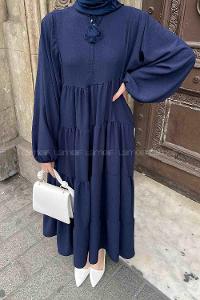 Navy Blue Medium Crew Neck Cotton Fabric Unprinted Dresess