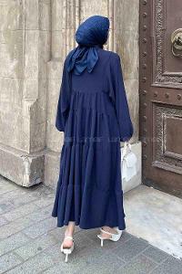 Navy Blue Medium Crew Neck Cotton Fabric Unprinted Dresess