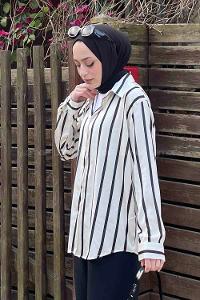 Lamelif Çizgi Detaylı Saten Gömlek Siyah