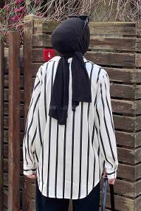 Lamelif Çizgi Detaylı Saten Gömlek Siyah