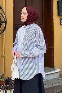 Lamelif Çizgi Garnili Poplin Gömlek Lacivert