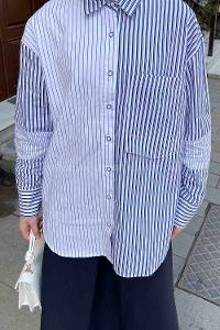 Lamelif Çizgi Garnili Poplin Gömlek Lacivert