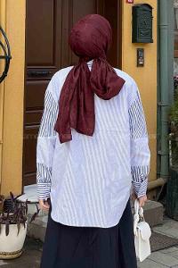 Lamelif Çizgi Garnili Poplin Gömlek Lacivert